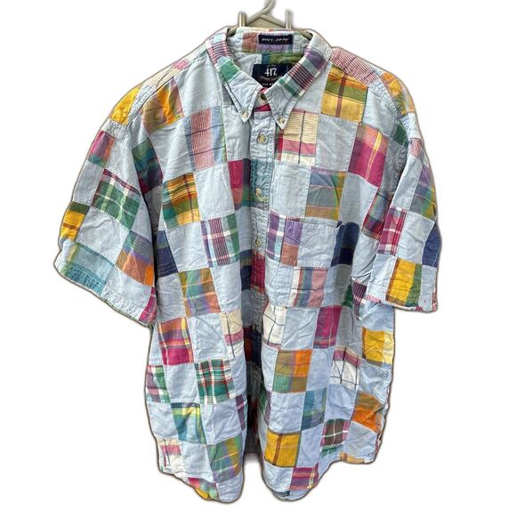 417 Van Heusen Men XL Blue Madras Plaid Patchwork Short Sleeve Shirt Cotton - Picture 2 of 9